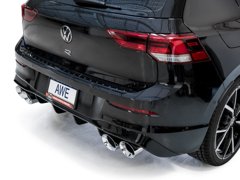 AWE Tuning MK8 Volkswagen Golf R 3in Track Edition Quad Exhaust - Chrome Silver Tips